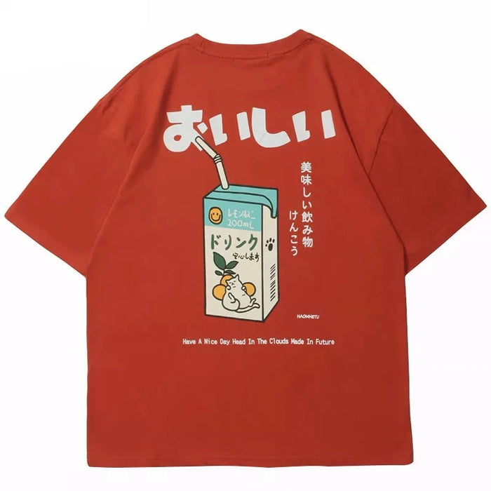 Kanji Letter Drink Print Embroidery T Shirt